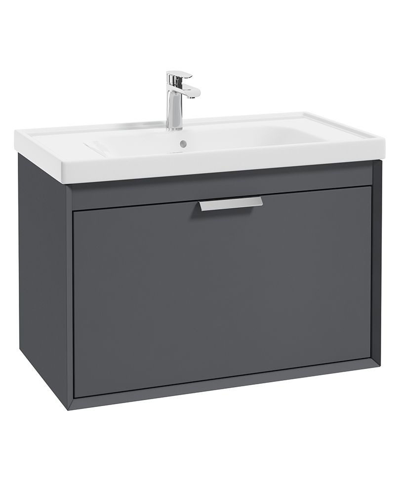Fjord Wall Hung 80Cm Two Drawer Unit Matt Midnight Grey-Brushed Chrome Handle