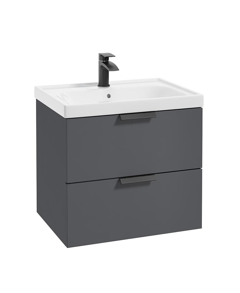 Stockholm Wall Hung 60Cm Two Drawer Unit Matt Midnight Grey-Matt Black Handles