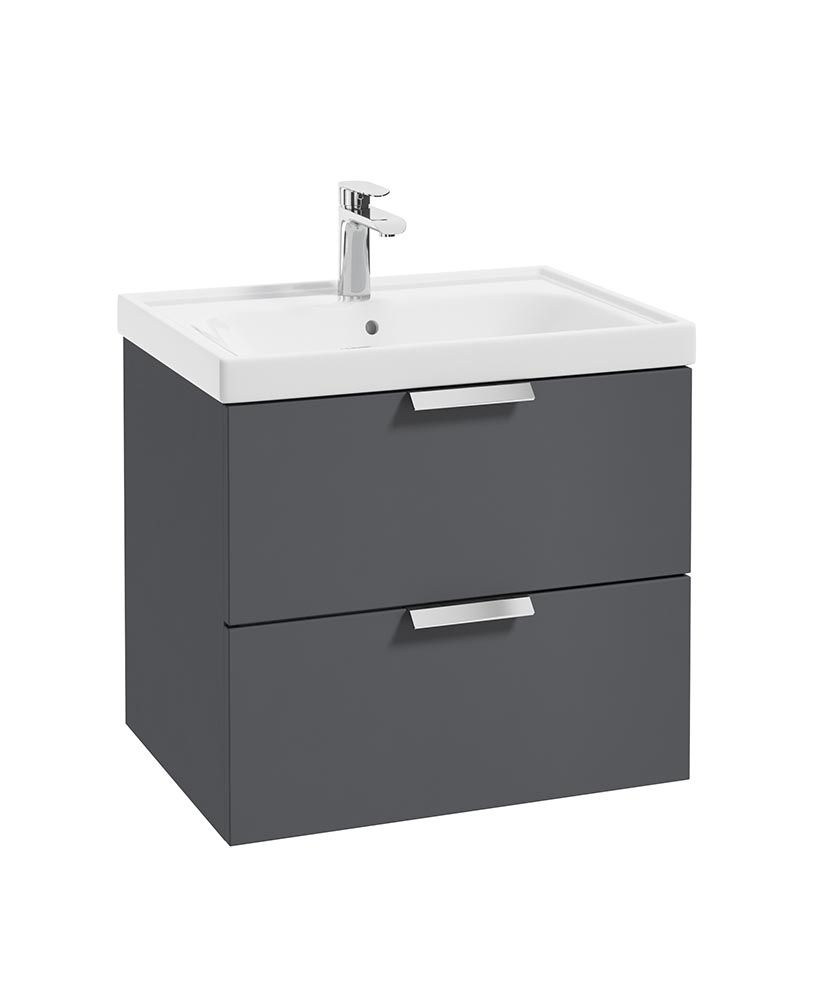 Stockholm Wall Hung 60Cm Two Drawer Unit Matt Midnight Grey-Brushed Chrome Handles