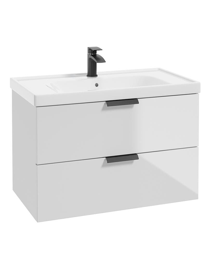 Stockholm Wall Hung 80Cm Two Drawer Unit Gloss White-Matt Black Handles