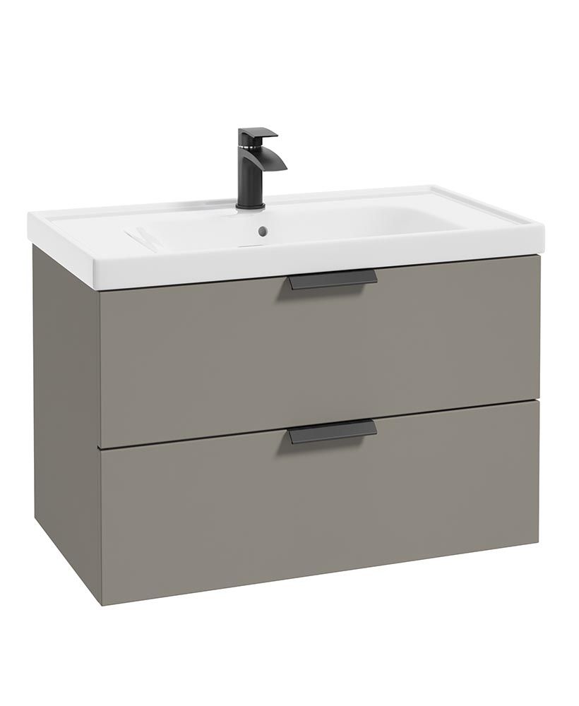 Stockholm Wall Hung 80Cm Two Drawer Unit Matt Khaki-Matt Black Handles