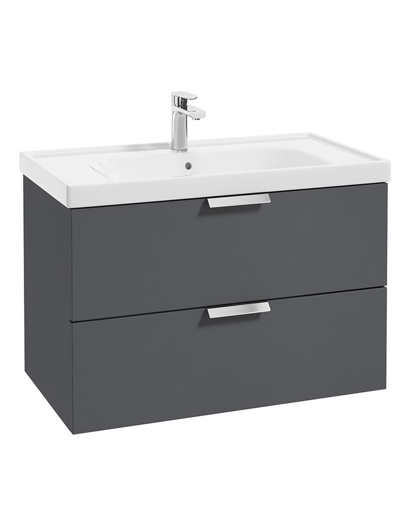 Stockholm Wall Hung 80Cm Two Drawer Unit Matt Midnight Grey-Brushed Chrome Handles