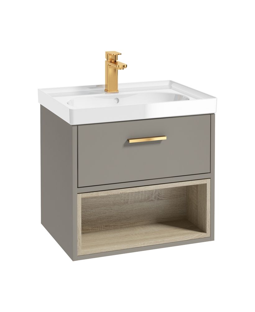 Malmo Wall Hung 60Cm Single Drawer Unit Matt Khaki-Gloss Basin-Gold Handle