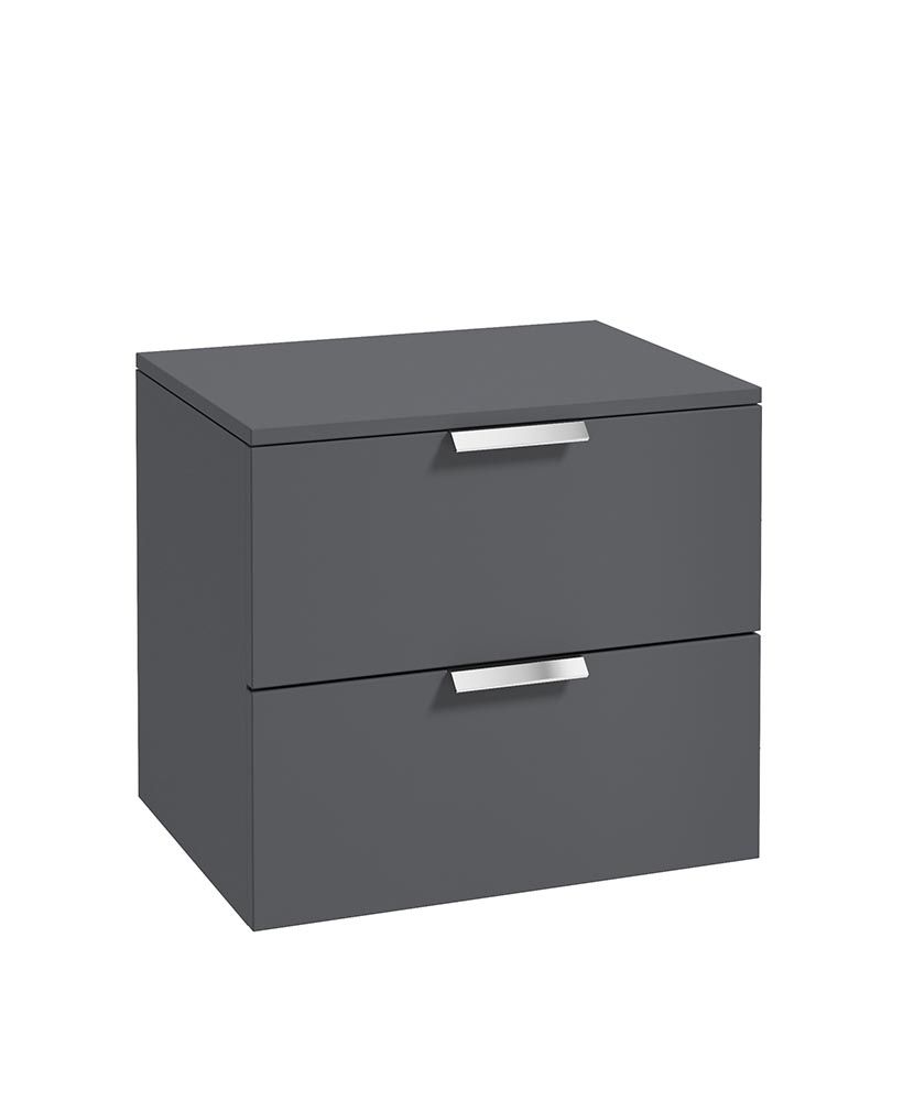 Stockholm Wall Hung 60Cm Two Drawer Countertop Unit Matt Midnight Grey-Brushed Chrome Handles