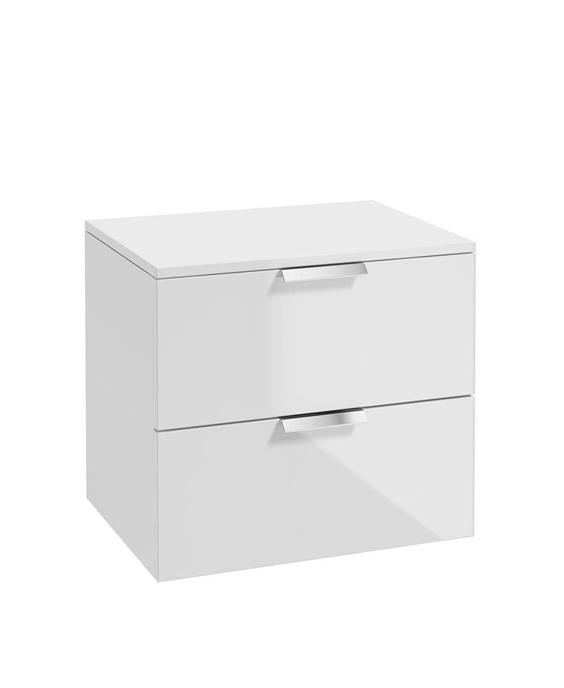 Stockholm Wall Hung 60Cm Two Drawer Countertop Unit Gloss White-Brushed Chrome Handles