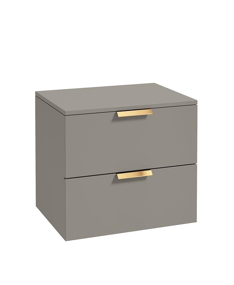 Stockholm Wall Hung 60Cm Two Drawer Countertop Unit Matt Khaki-Brushed Gold Handles