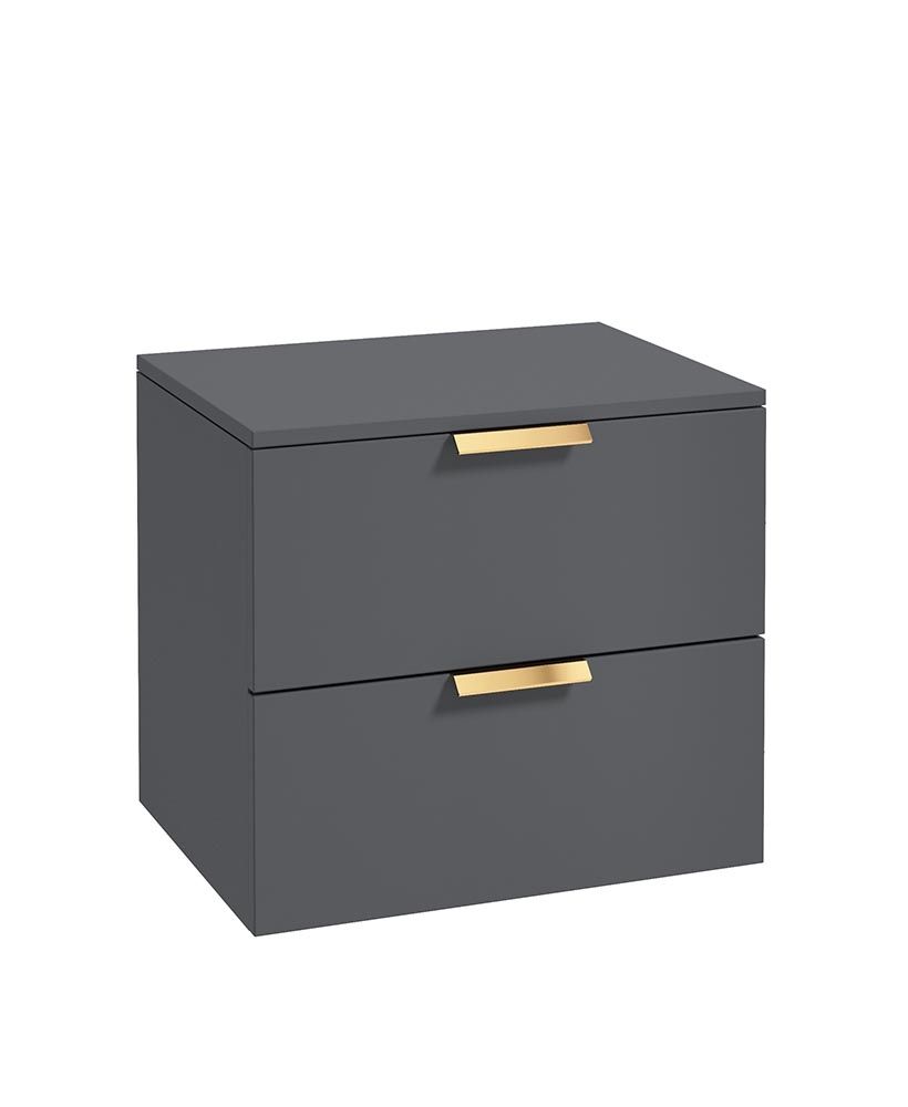 Stockholm Wall Hung 60Cm Two Drawer Countertop Unit Matt Midnight Grey-Brushed Gold Handles