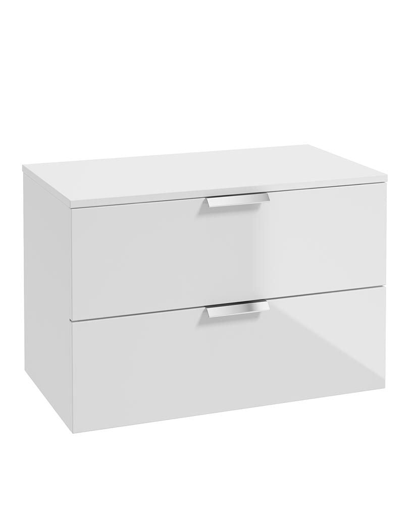 Stockholm Wall Hung 80Cm Two Drawer Countertop Unit Gloss White-Brushed Chrome Handles