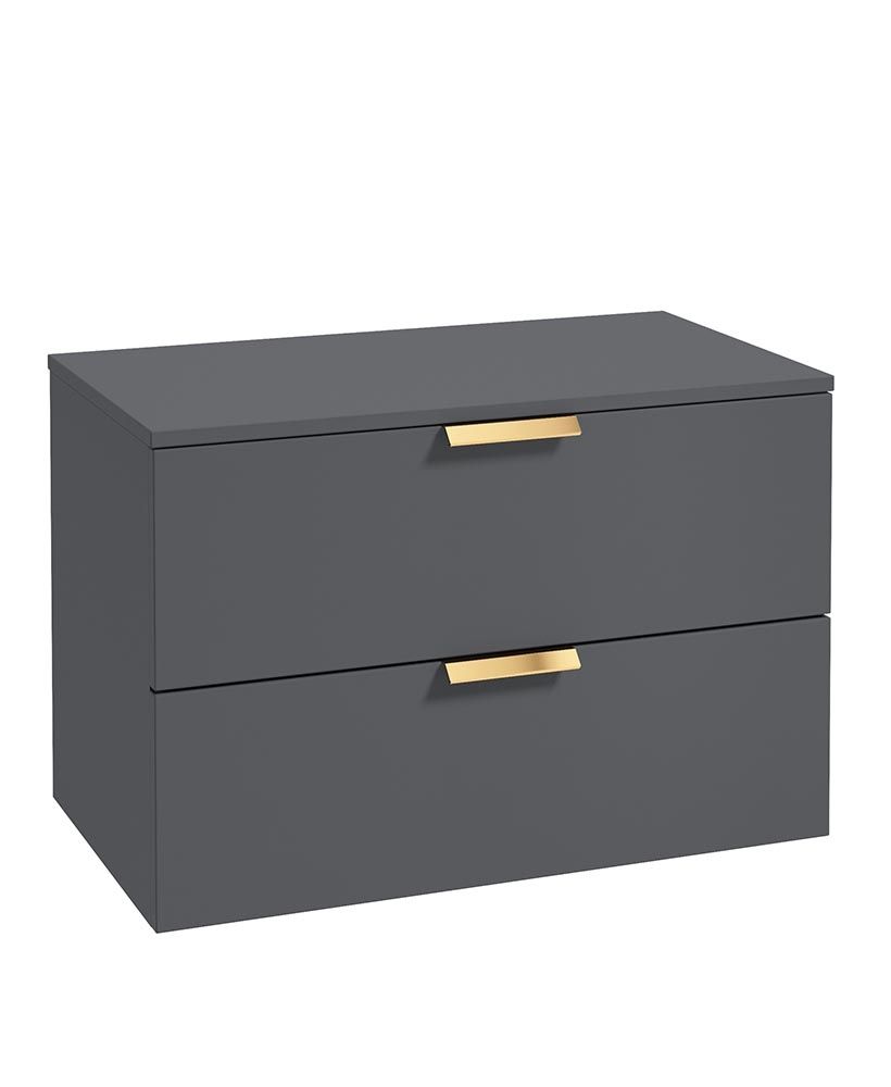 Stockholm Wall Hung 80Cm Two Drawer Countertop Unit Matt Midnight Grey-Brushed Gold Handles