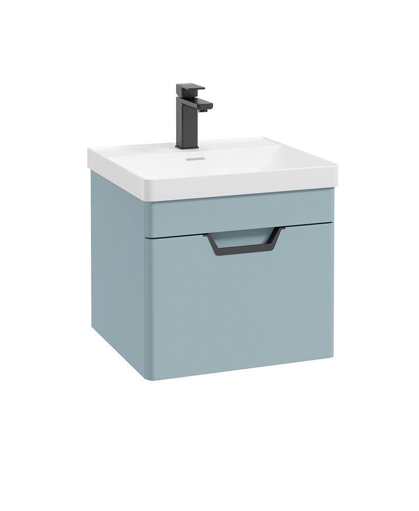 Freya Wall Hung 50Cm Single Drawer Unit Matt Morning Sky Blue-Black Handle