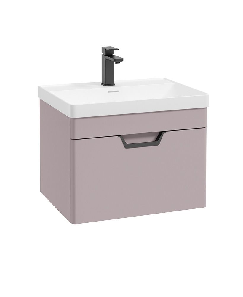 Freya Wall Hung 60Cm Single Drawer Unit Matt Cashmere Pink-Black Handle