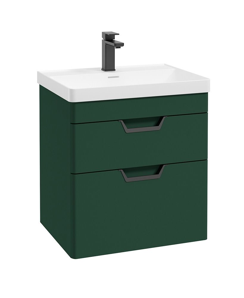 Freya Wall Hung 60Cm Two Drawer Unit Matt Wreath Green-Black Handles