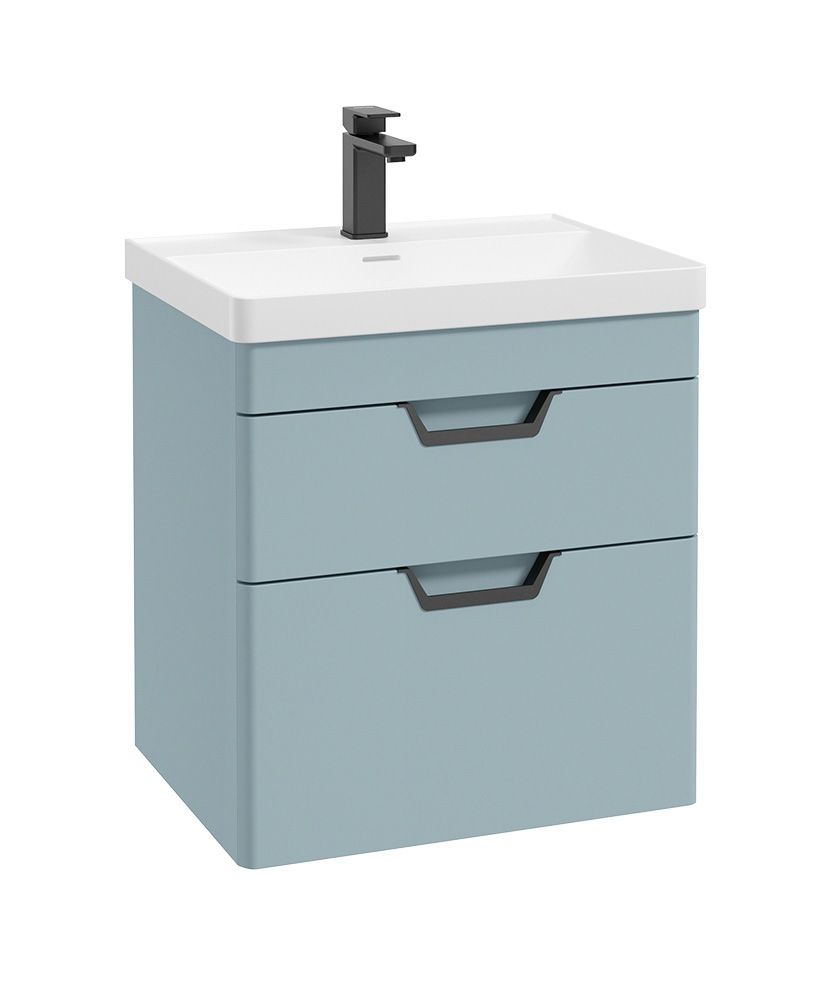 Freya Wall Hung 60Cm Two Drawer Unit Matt Morning Sky Blue-Black Handles