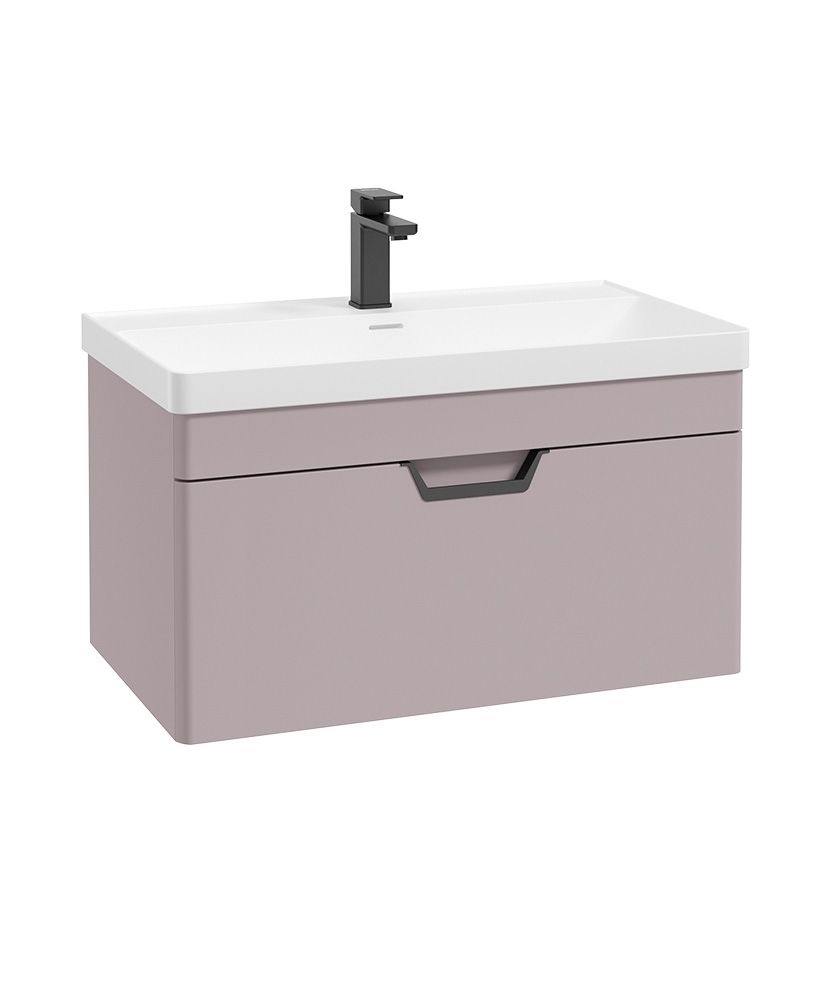 Freya Wall Hung 80Cm Single Drawer Unit Matt Cashmere Pink-Black Handles