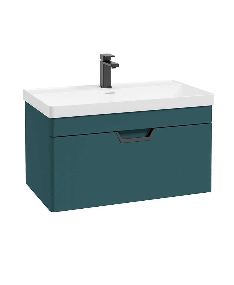 Freya Wall Hung 80Cm Single Drawer Unit Matt Ocean Blue-Black Handles