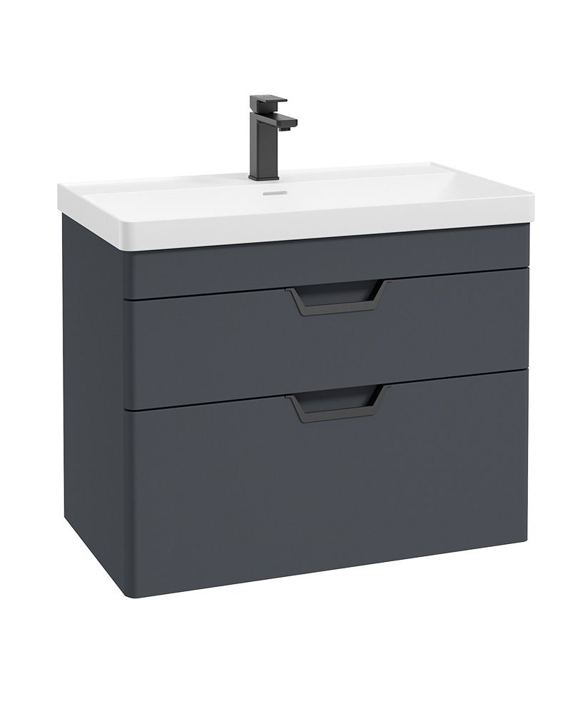 Freya Wall Hung 80Cm Two Drawer Unit Matt Night Sky Blue-Black Handles