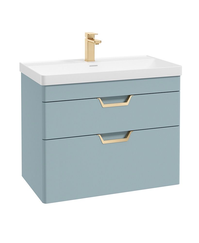 Freya Wall Hung 80Cm Two Drawer Unit Matt Morning Sky Blue-Gold Handles