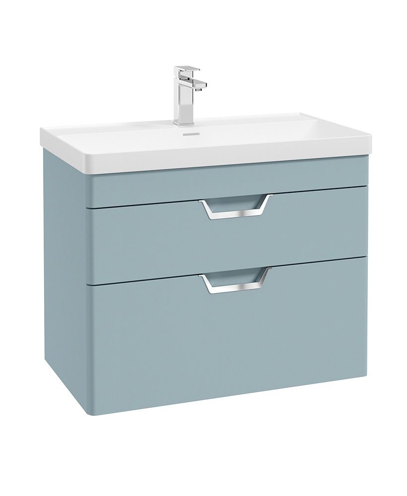 Freya Wall Hung 80Cm Two Drawer Unit Matt Morning Sky Blue-Chrome Handles