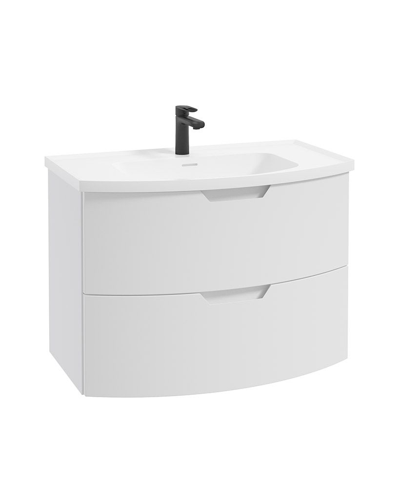 Arc Wall Hung 80Cm Two Drawer Unit Matt White & Gloss Basin