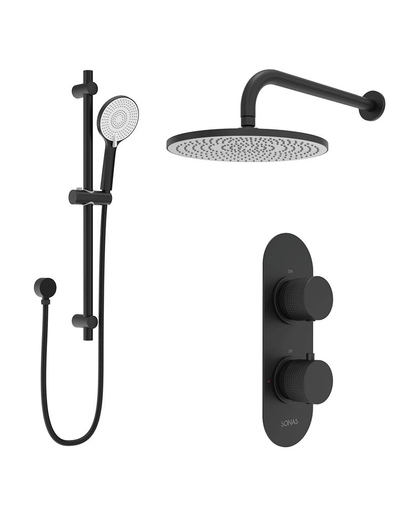 Alita Knurled Shower Set 1 & Wall Mounted Fixed Head Matt Black