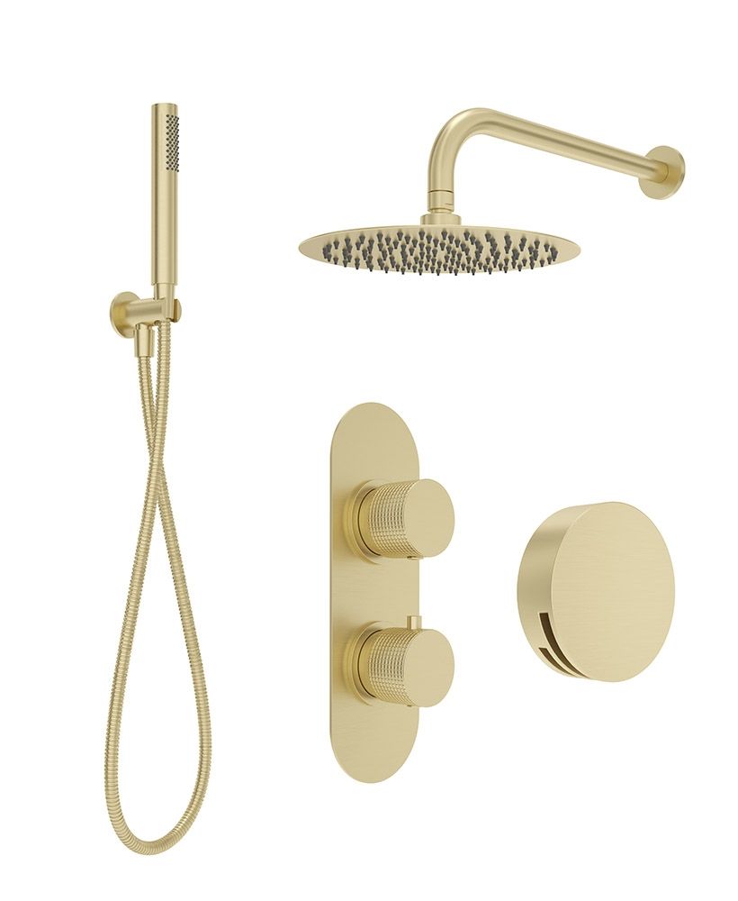 Alita Knurled Bath Set 3 & Wall Mounted Fixed Head Brushed Gold