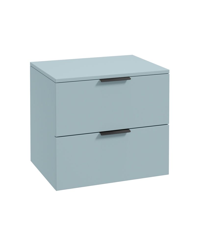 Stockholm Wall Hung 60Cm Two Drawer Countertop Unit Matt Morning Sky Blue-Matt Black Handles