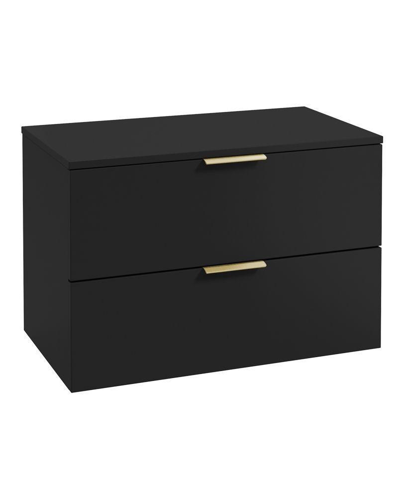 Stockholm Wall Hung 80Cm Two Drawer Countertop Unit Matt Black-Brushed Gold Handles