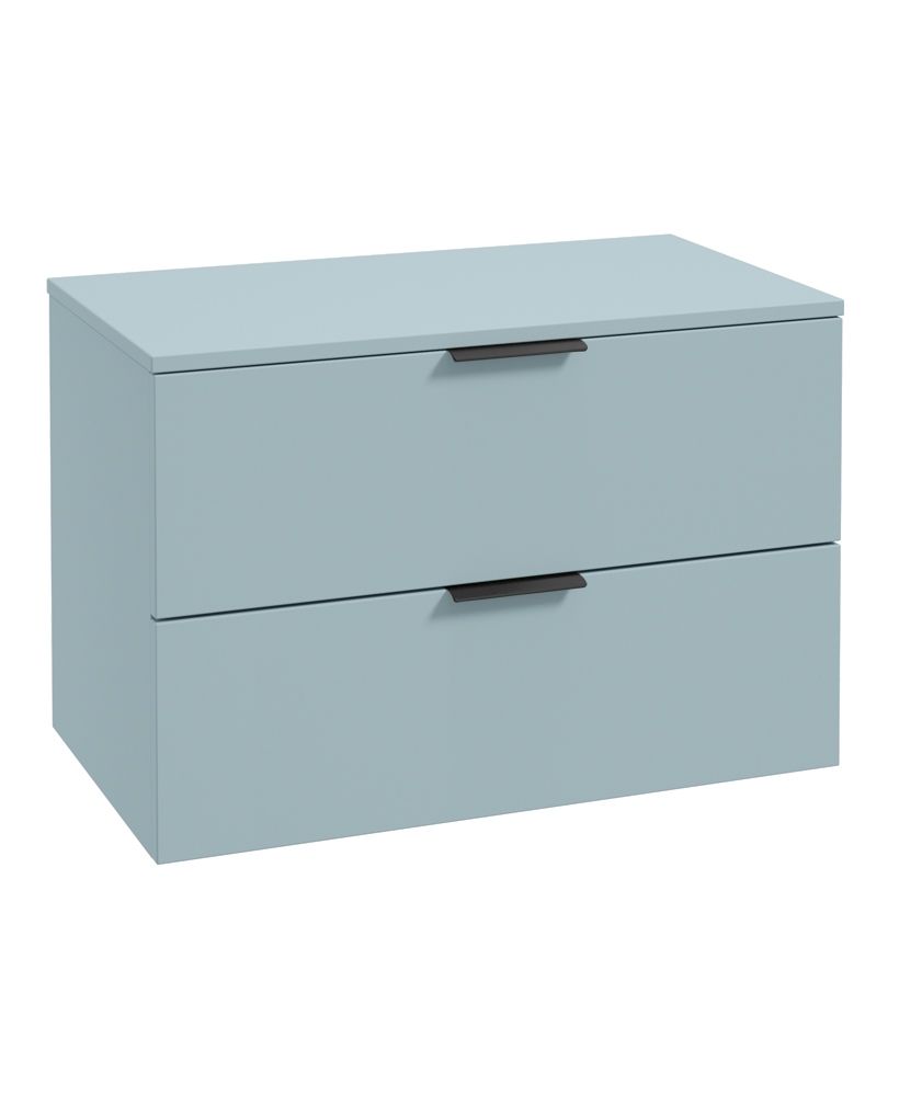 Stockholm Wall Hung 80Cm Two Drawer Countertop Unit Matt Morning Sky Blue-Matt Black Handles
