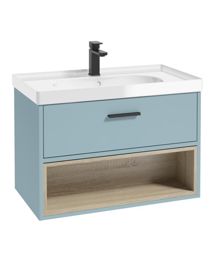 Malmo Wall Hung 80Cm Single Drawer Unit Matt Morning Sky Blue-Gloss Basin-Black Handle