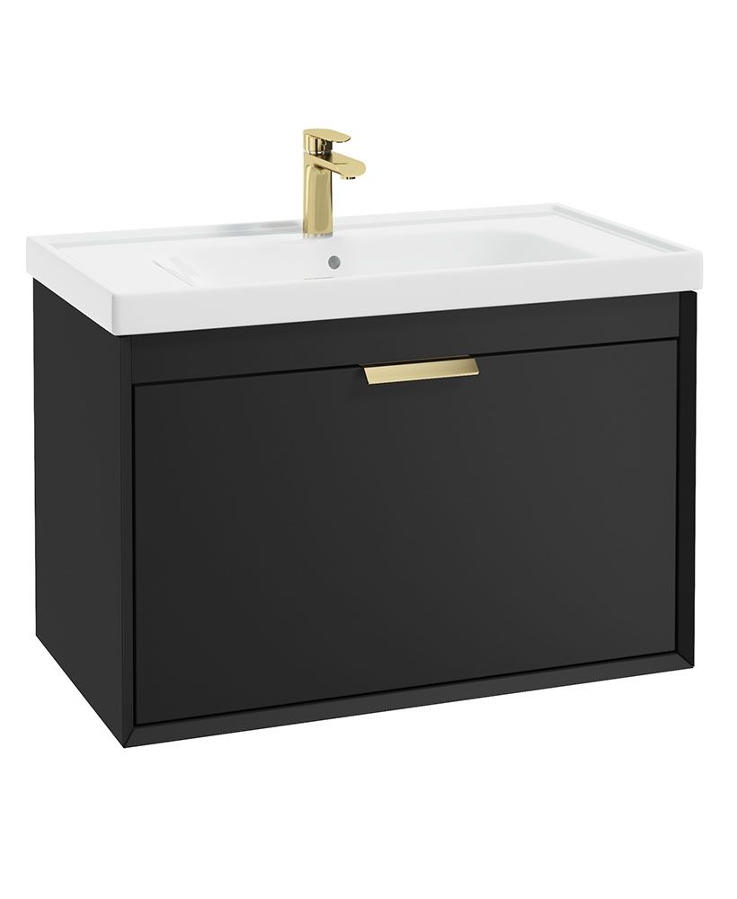 Fjord Wall Hung 80Cm Two Drawer Unit Matt Black-Brushed Gold Handles