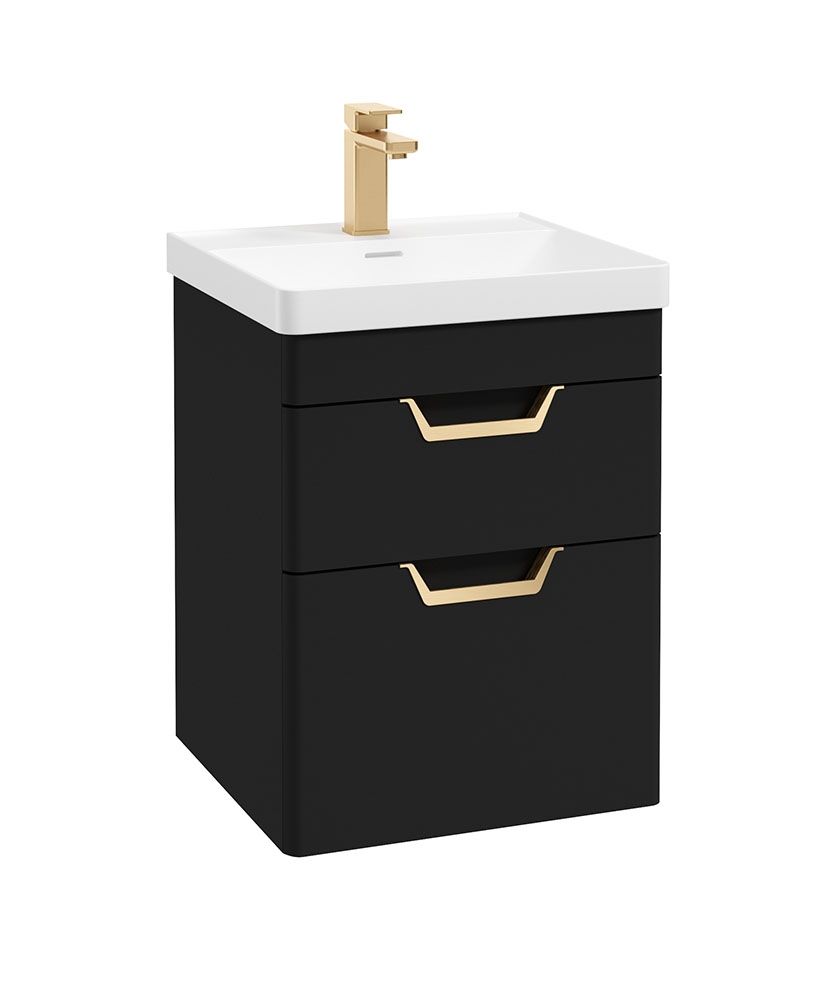 Freya Wall Hung 50Cm Two Drawer Unit Matt Black-Gold Handles