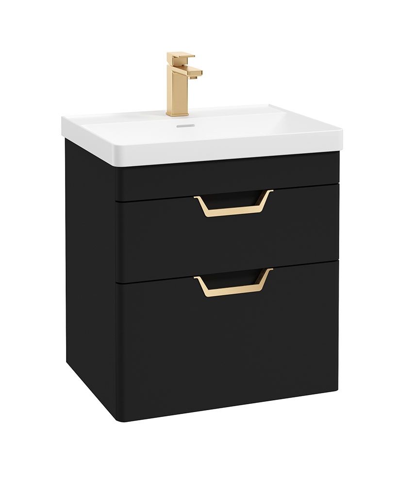 Freya Wall Hung 60Cm Two Drawer Unit Matt Black-Gold Handles