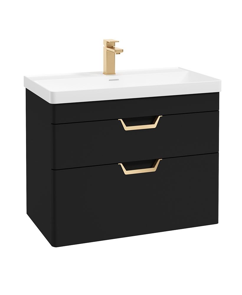 Freya Wall Hung 80Cm Two Drawer Unit Matt Black-Gold Handles