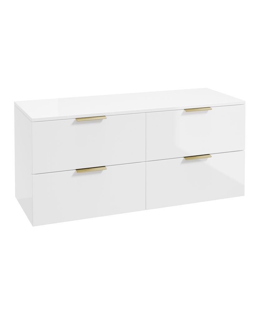 Stockholm Wall Hung 120Cm Four Drawer Countertop Unit Gloss White-Brushed Gold Handles