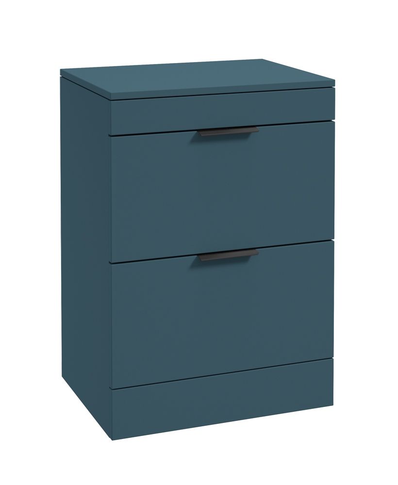 Stockholm Floorstanding 60Cm Two Drawer Countertop Unit Matt Ocean Blue-Matt Black Handles