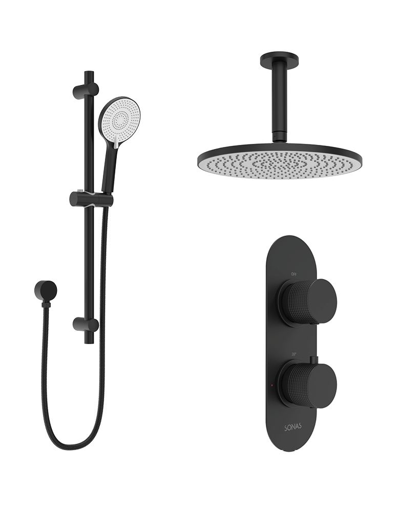 Alita Knurled Shower Set 1 & Ceiling Mounted Fixed Head Matt Black