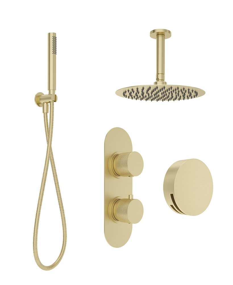 Alita Knurled Bath Set 3 & Ceiling Mounted Fixed Head Brushed Gold