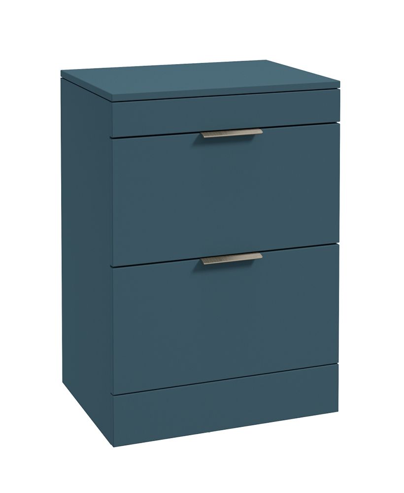 Stockholm Floorstanding 60Cm Two Drawer Countertop Unit Matt Ocean Blue-Brushed Nickel Handles