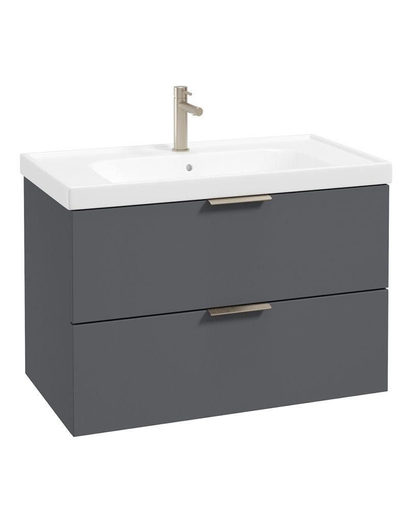 Stockholm Wall Hung 80Cm Two Drawer Unit Matt Midnight Grey-Brushed Nickel Handles