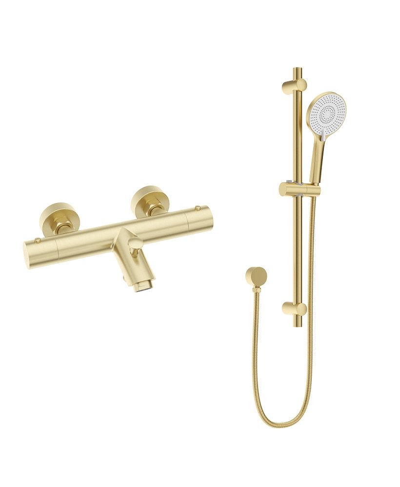Form Wall Mounted Thermostatic Bath Shower Mixer&Alita Slide Rail Kit Brushed Gold