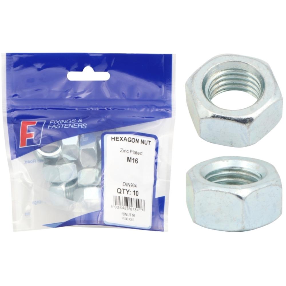 ForgeFix Prepack Hexagon Nut Bright Zinc Plated M16 (Bag10)
