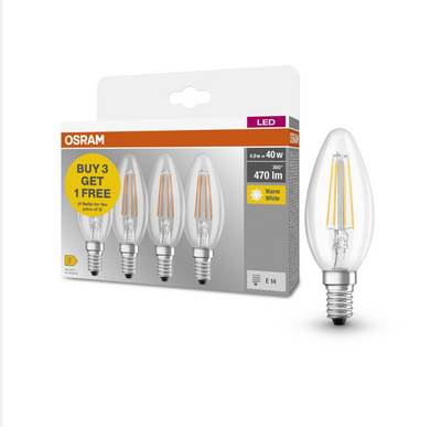 Osram 4W (40W) E14 Led Candle Clr Fili - 3Pk