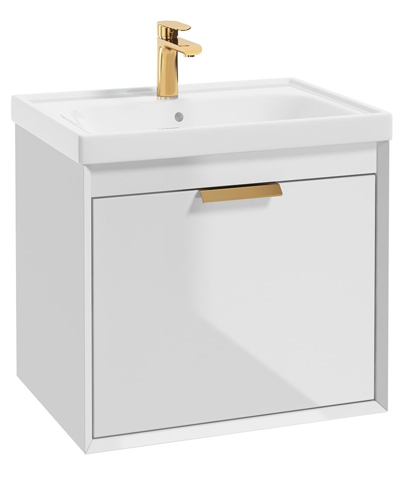 Fjord Wall Hung 60Cm Two Drawer Unit Gloss White-Brushed Gold Handle