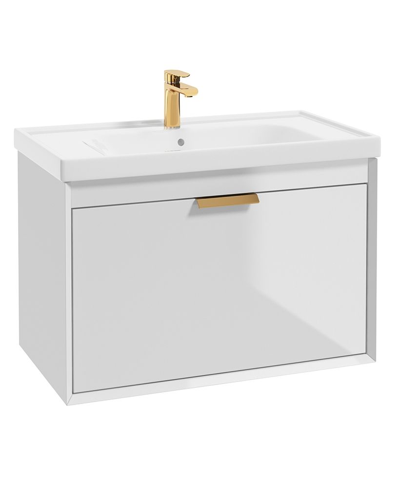 Fjord Wall Hung 80Cm Two Drawer Unit Gloss White-Brushed Gold Handle
