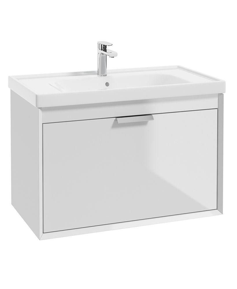 Fjord Wall Hung 80Cm Two Drawer Unit Gloss White-Brushed Chrome Handle