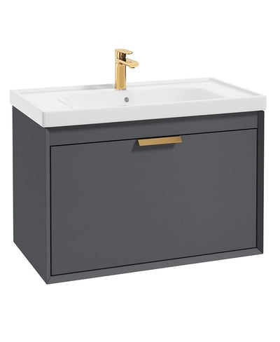 Fjord Wall Hung 80Cm Two Drawer Unit Matt Midnight Grey-Brushed Gold Handle