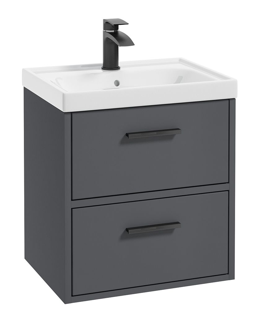 Finland Wall Hung 50Cm Two Drawer Unit Matt Midnight Grey-Black Handles