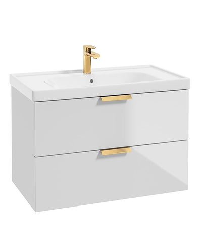 Stockholm Wall Hung 80Cm Two Drawer Unit Gloss White-Brushed Gold Handles