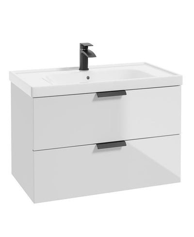 Stockholm Wall Hung 80Cm Two Drawer Unit Gloss White-Matt Black Handles