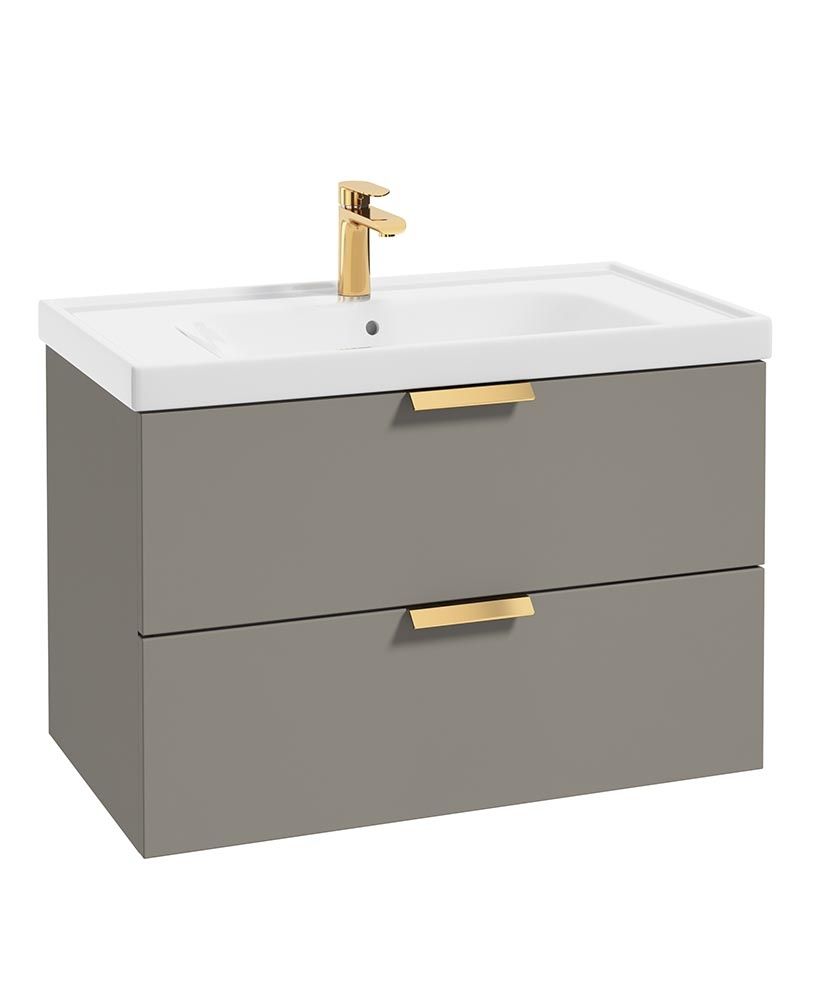 Stockholm Wall Hung 80Cm Two Drawer Unit Matt Khaki-Brushed Gold Handles